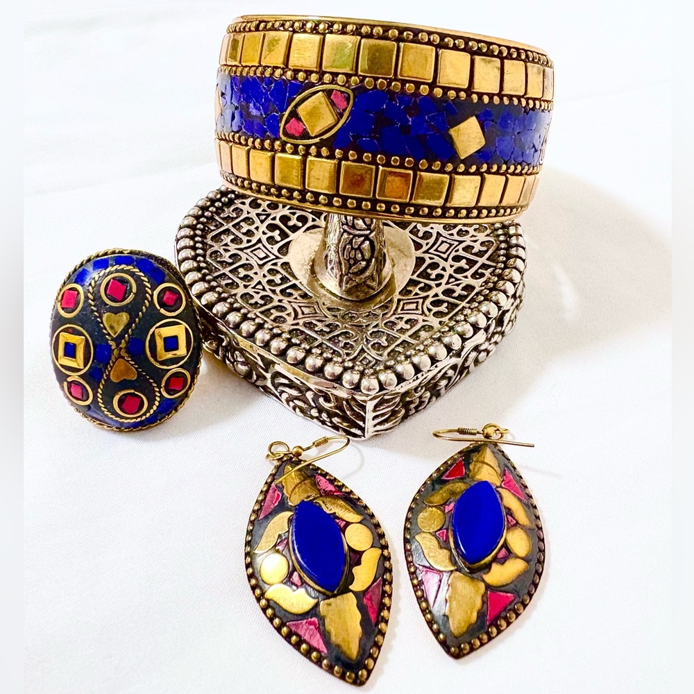 multicolor Brass Bangle with ring and Earring set